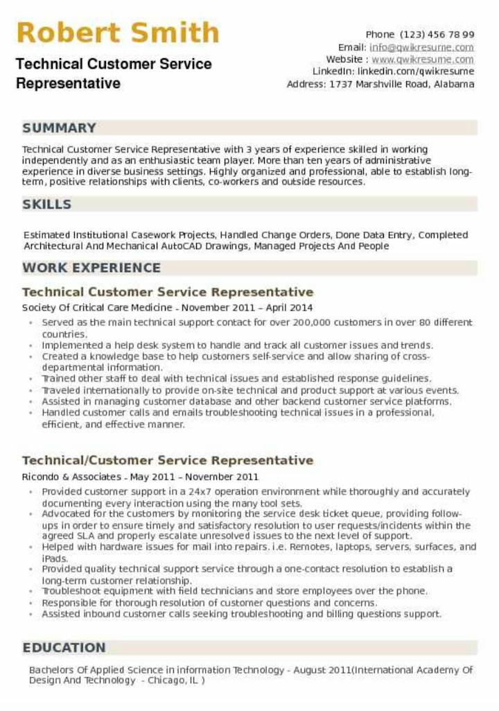 CS Resume Example - Technical customer service representative