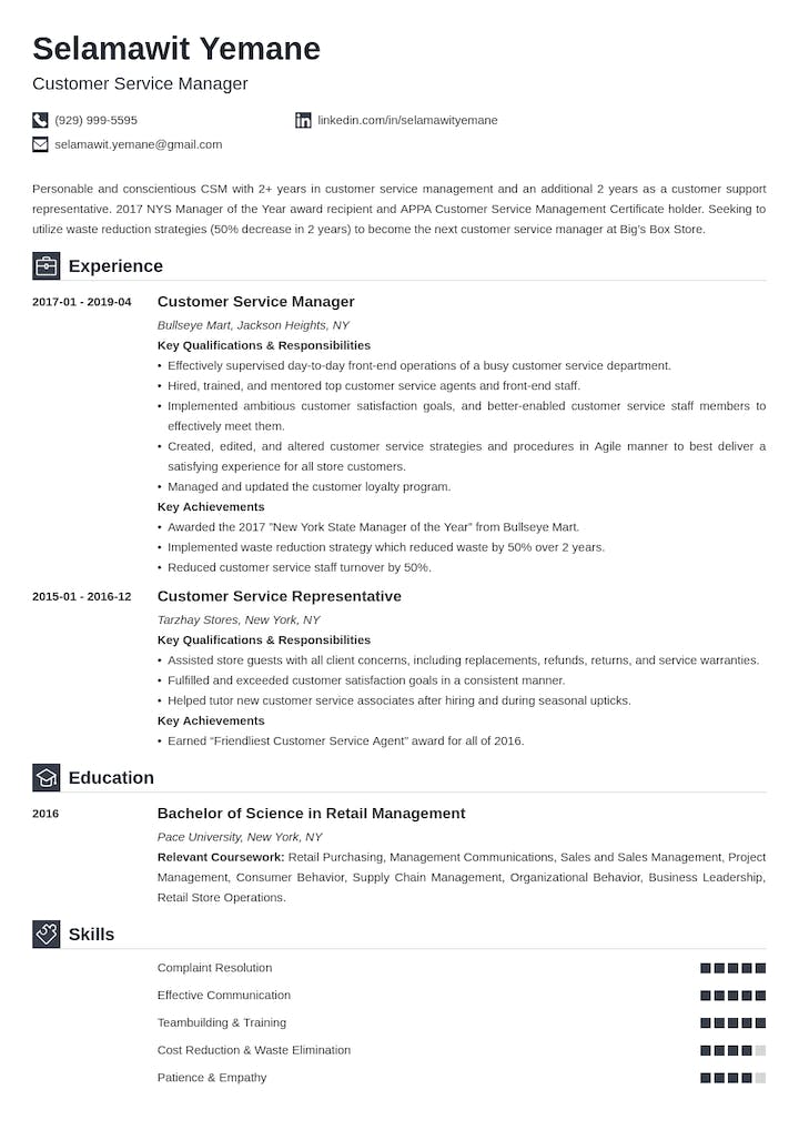 CS Resume Example - Customer service manager